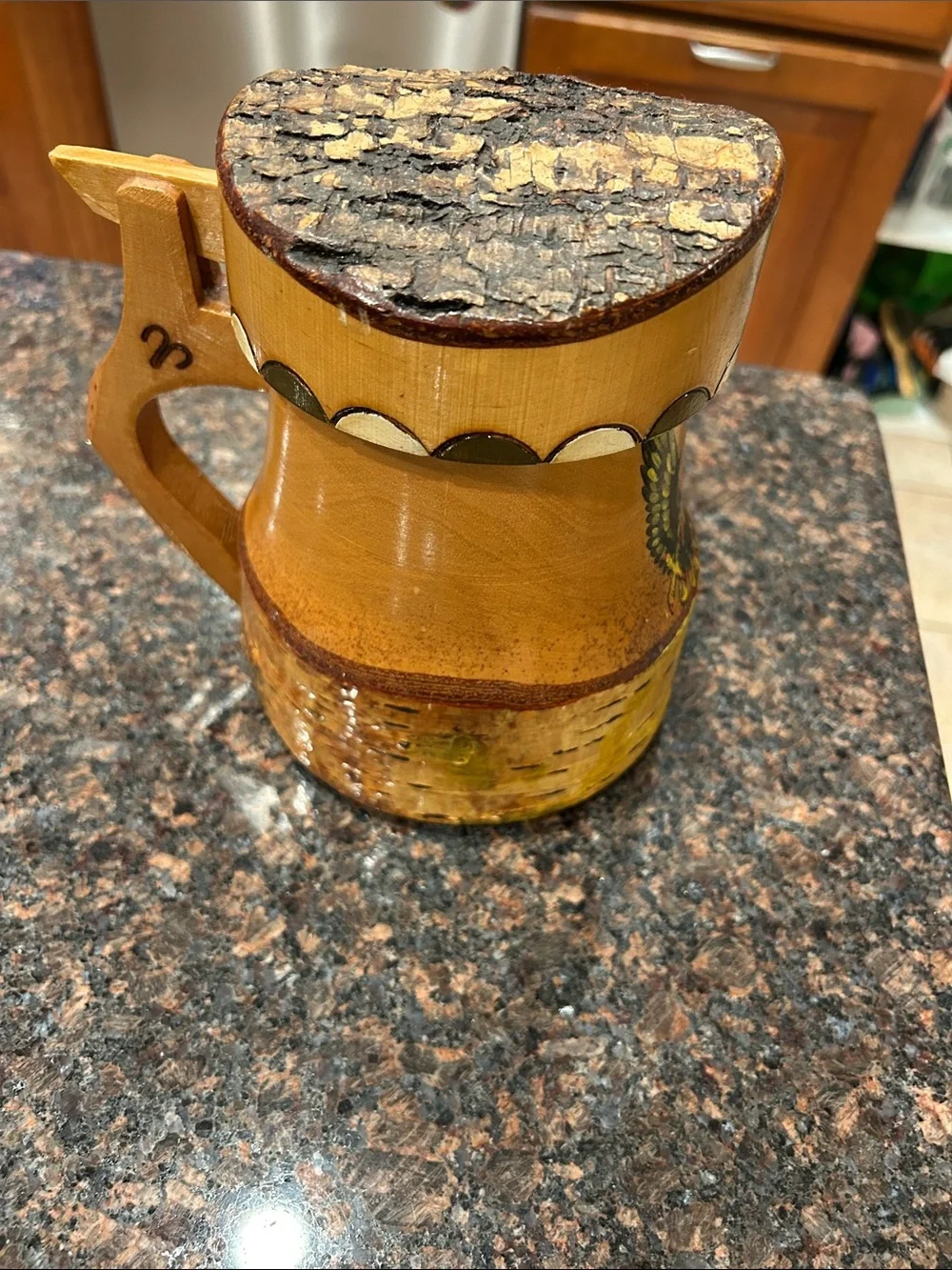 vintage hand-carved hand painted wooden or birch bark mug or stein with eagle